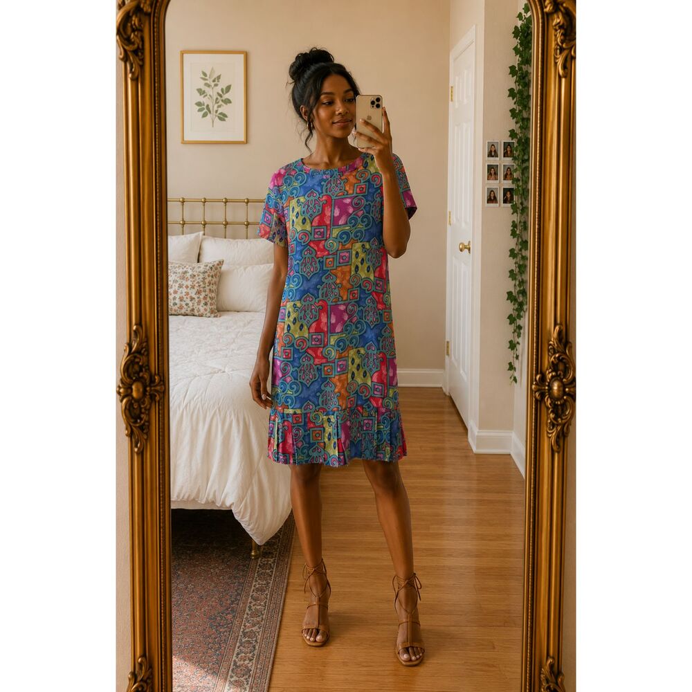 Vintage Liz Claiborne Womens Baroque Mosaic Print Silk Midi Dress 8 Maximalist